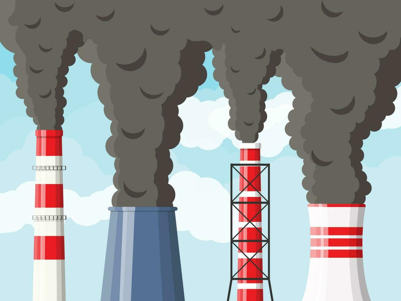Smoking factory pipes against clear sky with clouds. Plant pipe with dark smoke. Carbon dioxide emissions. Environment contamination. Pollution of environment co2. Vector illustration in flat style