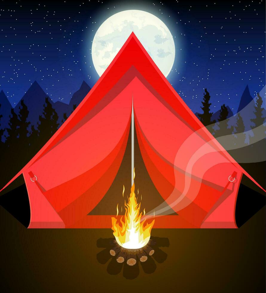 Meadow with camping in night. Tent, bonfire, mountains, trees, sky, moon and stars. Vector illustration in flat style