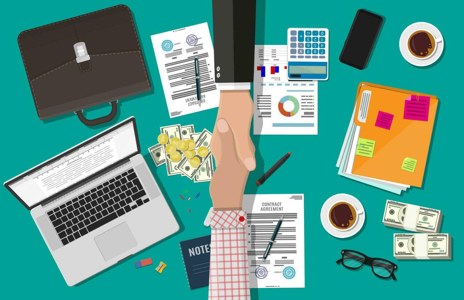 Two businessman shake hands after the signed contract. Contract agreement. Desktop laptop, calculator, contract financial papers, coffee, pen, notes, briefcase phone. Vector illustration in flat style