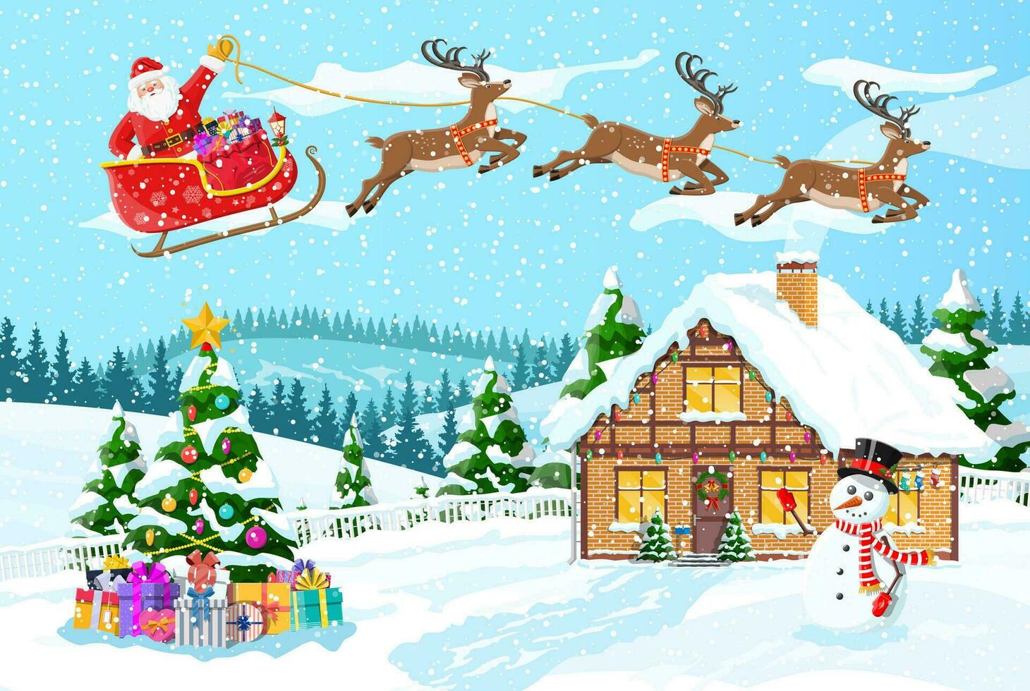 Suburban house covered snow. Building in holiday ornament. Christmas landscape tree, snowman, santa sleigh reindeers. New year decoration. Merry christmas holiday xmas celebration. Vector illustration