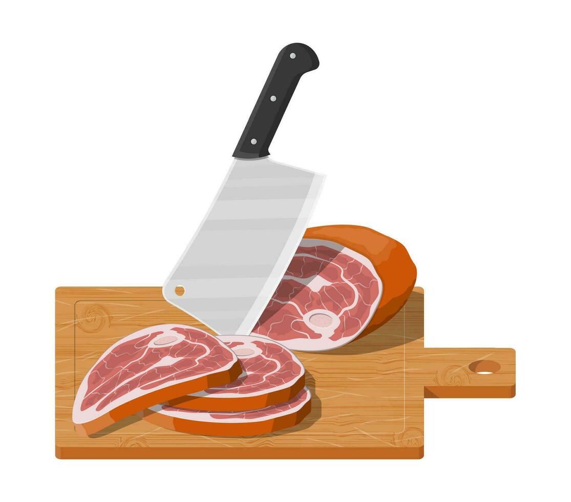 carne filete Cortado en de madera tablero con cocina cuchillo. corte junta, Carnicero cuchilla de carnicero y piace de carne. utensilios, casa cuchillería. cocinando, Doméstico batería de cocina. vector ilustración en plano estilo