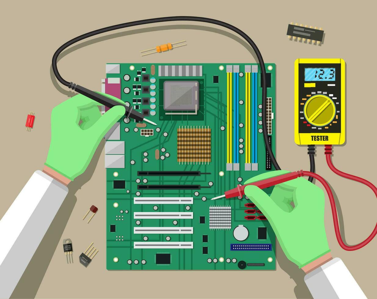 Hands of engineer with digital multimeter checks computer motherboard. PC hardware. Components for personal computer. PCB icon. Service, recovery, warranty, fixing. Vector illustration in flat style