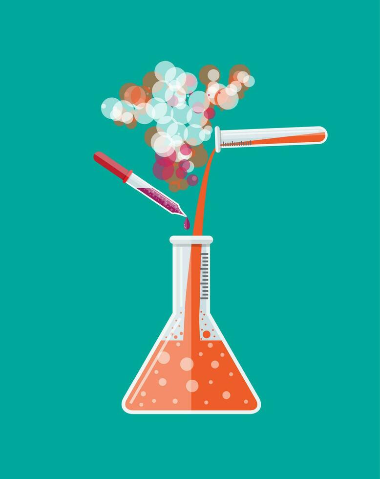 Chemical reaction in glass tube. Biology science education medical tests. Vector illustration in flat style
