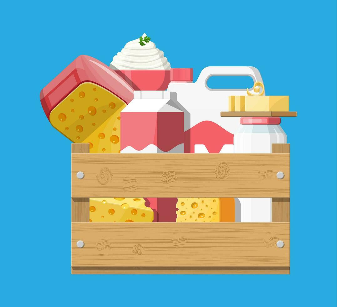 Milk products set in wooden box with cheese, cottage and butter. Dairy food. Tradicional fresh farm products. Vector illustration in flat style