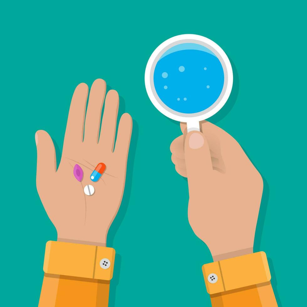 hand holds a glass of water and pills. taking pills, Healthcare, hospital and medical diagnostics. vector illustration in flat style
