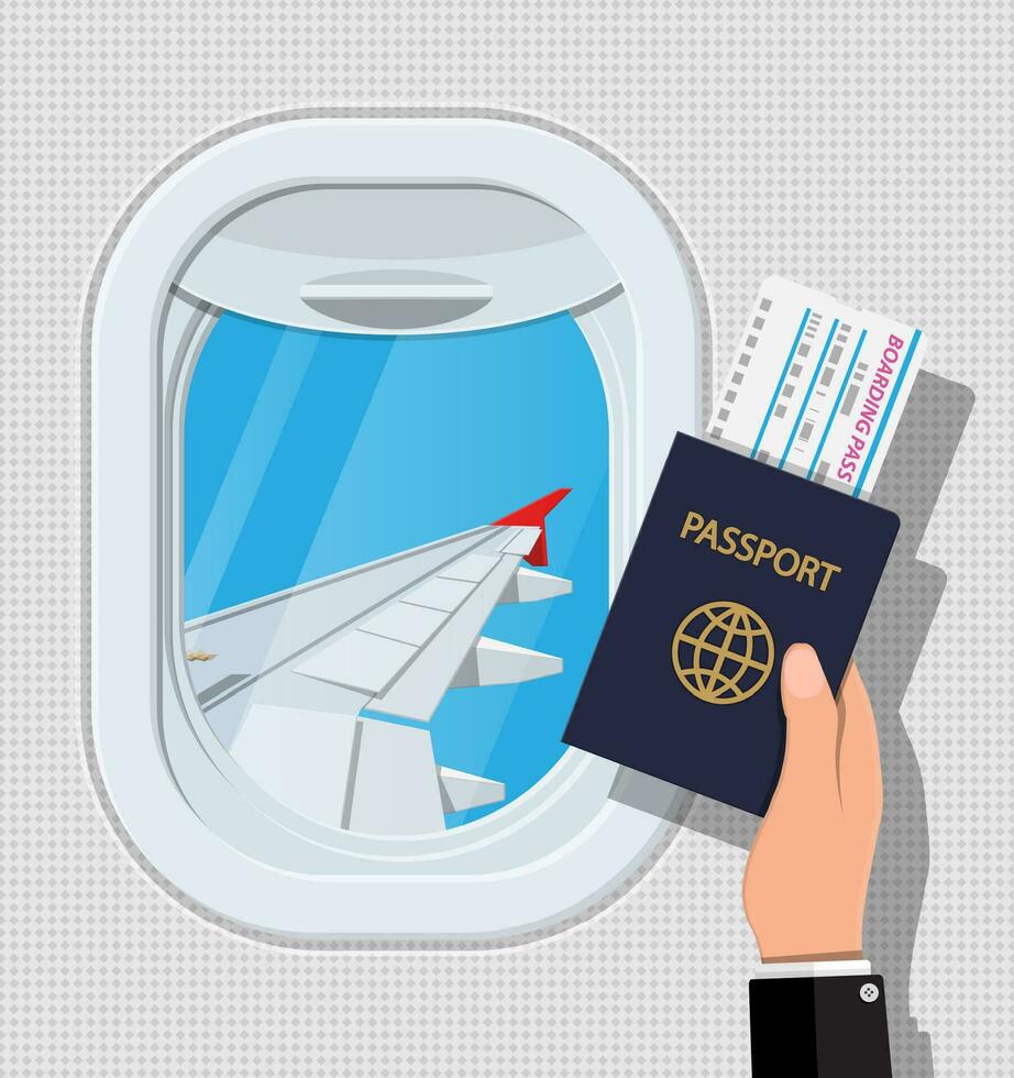 ventana desde dentro el avión. mano con pasaporte y boleto. aeronave porta obturador y ala. aire viaje o vacaciones concepto. vector ilustración en plano estilo