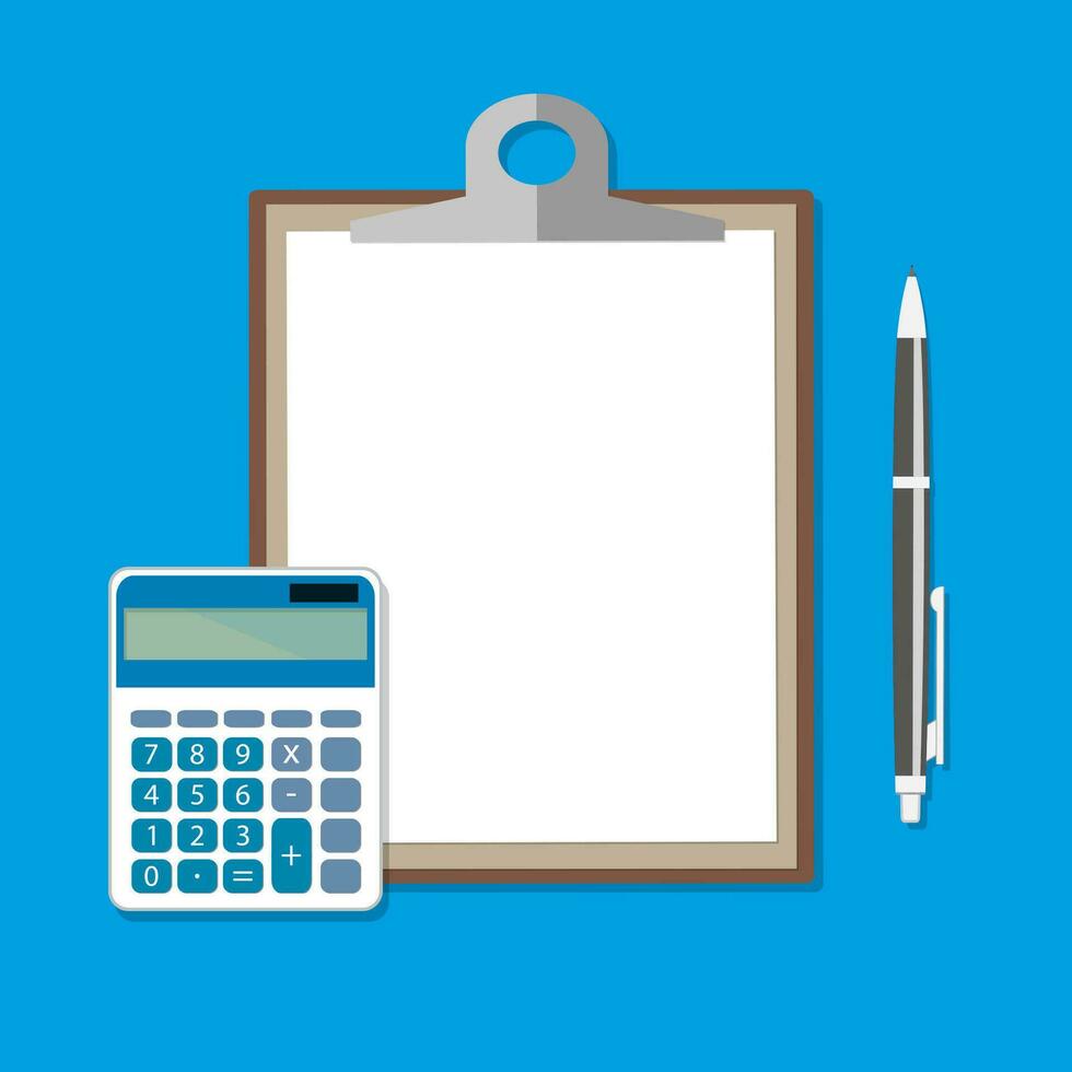 Clipboard with empty sheet, calculator and pen. Calculation concept. Vector illustration in flat design