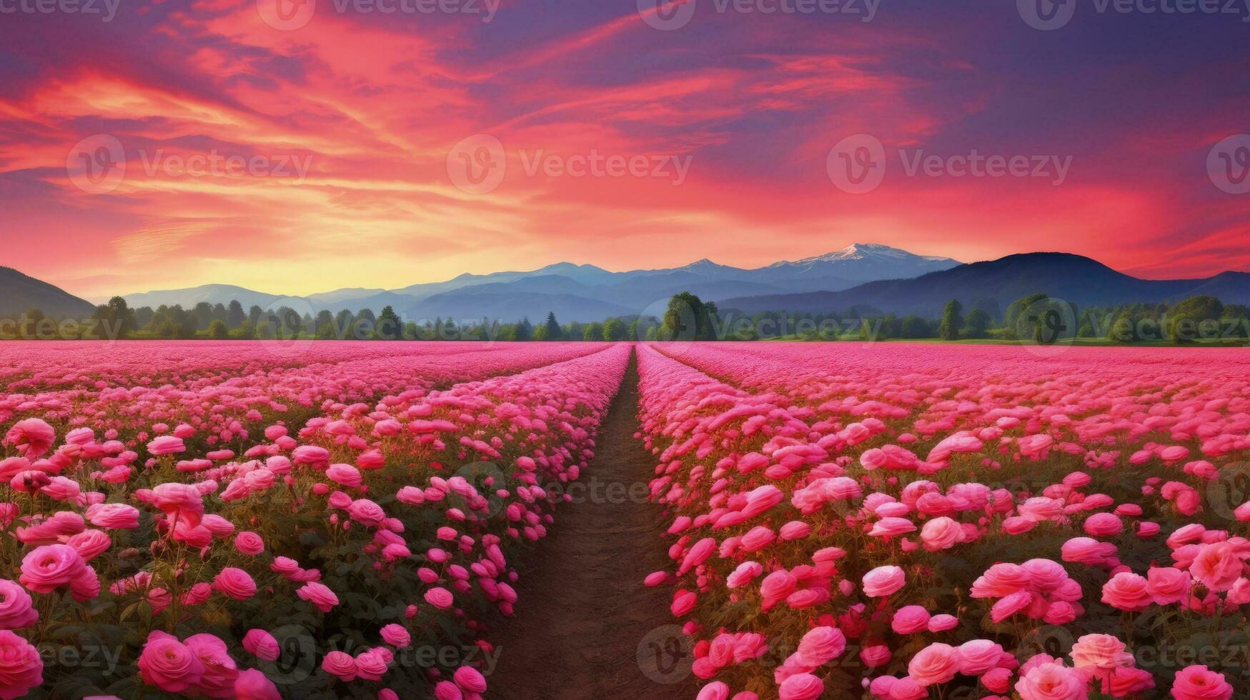 AI generated Rose field in the sunrise morning with beautiful sky photo