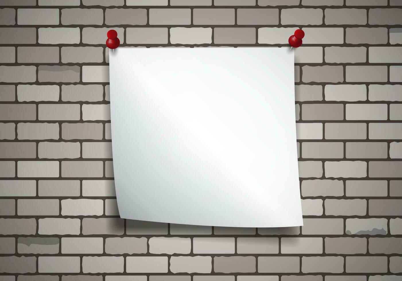 Empty white note paper pinned to brick wall. vector illustration