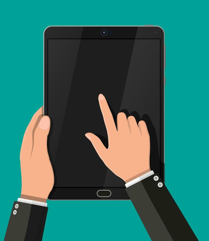 Hand touching screen of black tablet computer. Realistic tablet pc with blank screen. Mobile electronic device with touchscreen. Vector illustration in flat style
