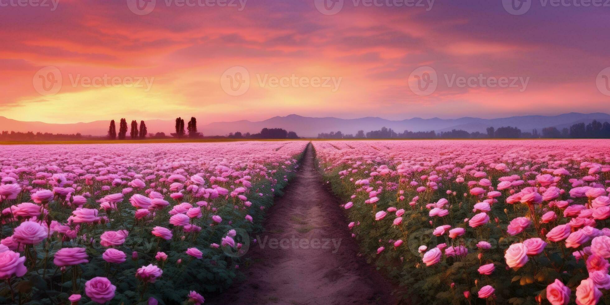 AI generated Rose field in the sunrise morning with beautiful sky photo