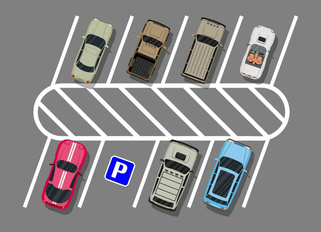 City parking lot with different cars. Shortage parking spaces. Parking zone top view with various vehicles. Sedan, roadster, suv, sport car, pickup. Vector illustration in flat style