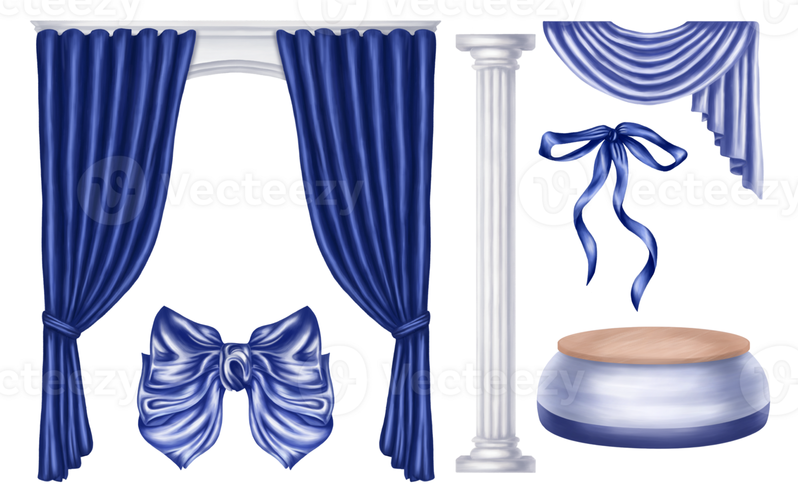 A set of draped items made of blue shiny fabric. Curtains, silk ribbons, bows, columns and pedestals. Decorations for interior, for windows, theatrical costumes and halls. Isolated illustration png