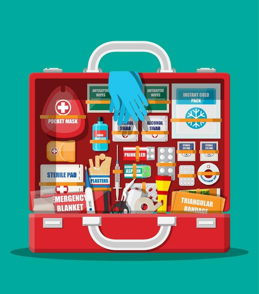 First aid kit with medical equipment and medications. Bag for medicine. Healthcare, hospital and medical diagnostics. Urgency and emergency services. Vector illustration in flat style