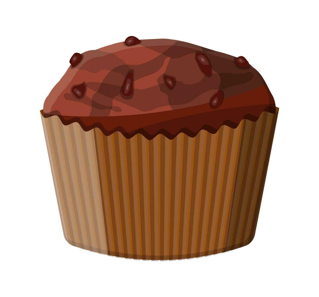 Chocolate muffin dessert. Chcolate cupcake. Bread baked cake food, pastry. Bakery shop. Vector illustration in flat style