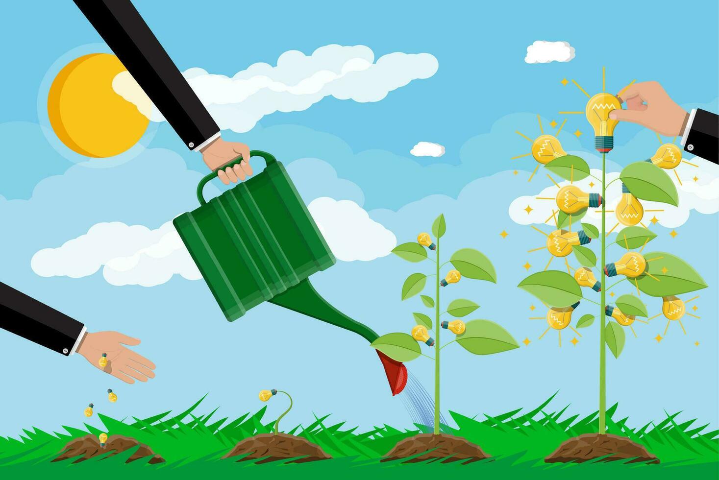 Businessman hand watering tree with can. Glowing light bulb hanging with green leaves. Idea tree. Concept of creative idea or inspiration. Glass bulb with spiral. Vector illustration in flat style