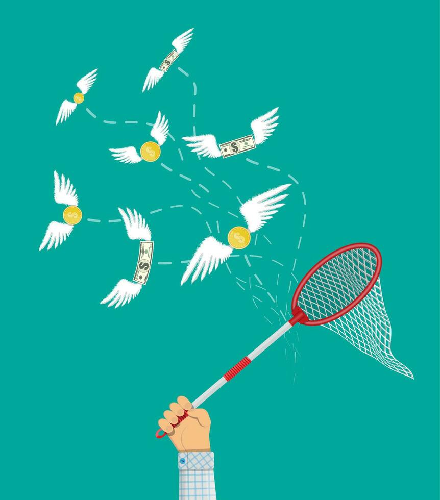 Dollars and coins with wings flying away from businessman hand with butterfly net. Losing money. Vector illustration in flat style