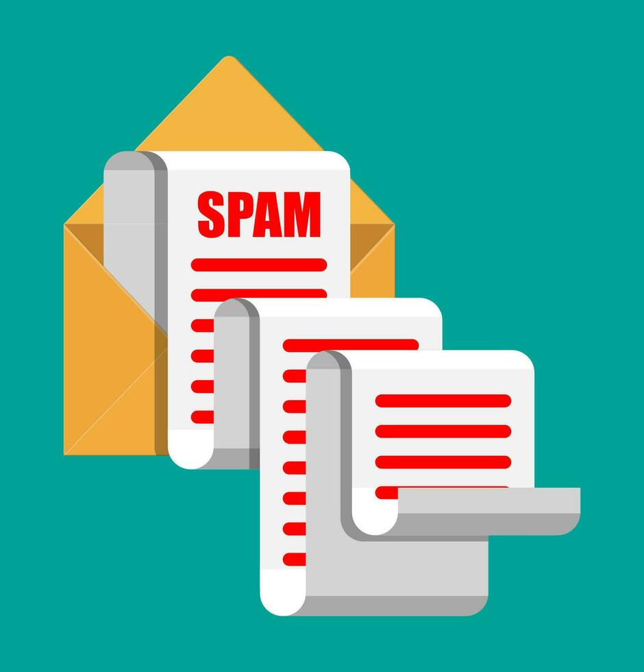 Yellow paper enevelope and spam mail concept. Long emails. Email box hacking, spam warning, virus and malware, network security. Vector Illustration in flat style