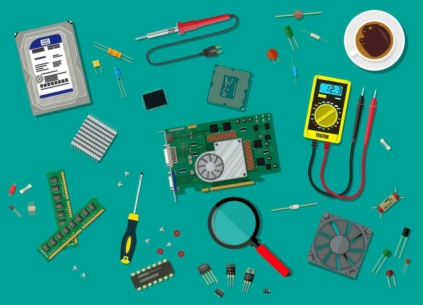 Hard drive, cpu, fan, graphic card, memory, screwdriver. Set of personal computer hardware. Digital multimeter and soldering tool. Fixing pc components. Service. Vector illustration in flat style