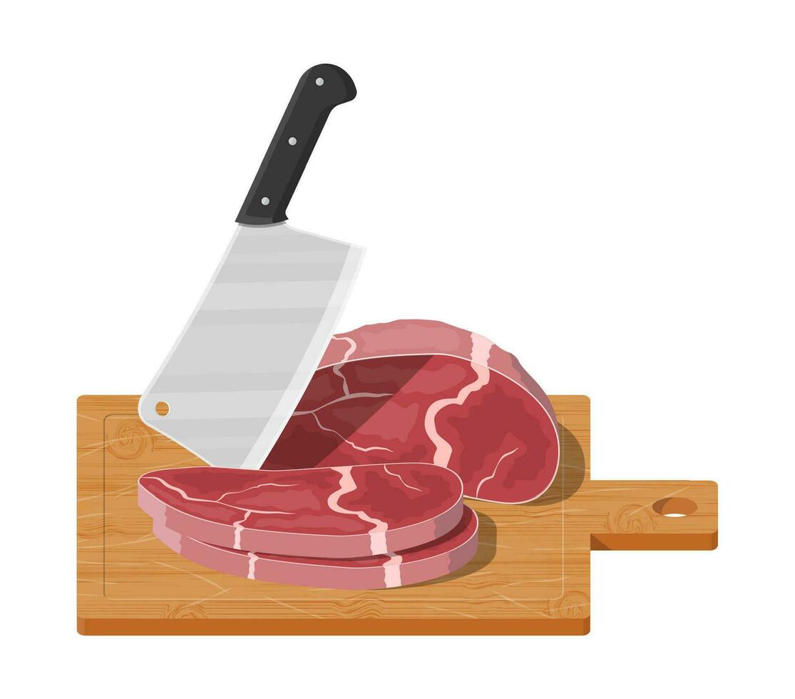 Meat steak chopped on wooden board with kitchen knife. Cutting board, butcher cleaver and piace of meat. Utensils, household cutlery. Cooking, domestic kitchenware. Vector illustration in flat style