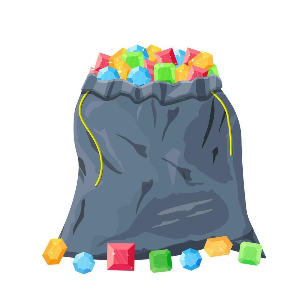 Cloth fabric money bag full of various diamonds. Sack with gems. Game interface elements. Donation, microtransacton. Vector illustration in flat style