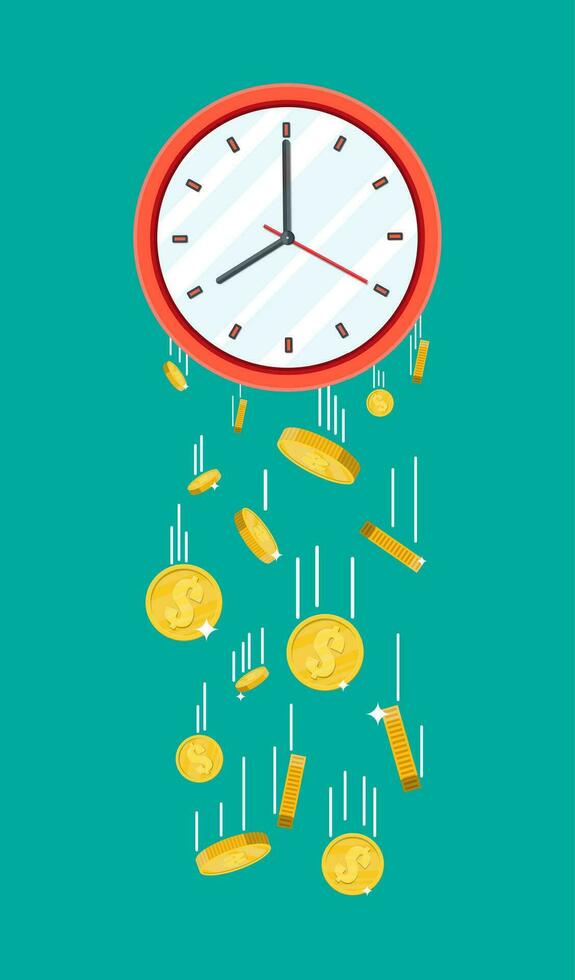 Golden coins falling from clocks. Overspending, losing, bankruptcy, devalue, deficit, losing money. Time is money concept. Vector illustration in flat style