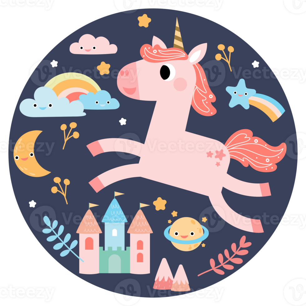 Cute unicorns, Pony or horse with magical, PNG clipart. Unicorns illustration with rainbow, stars, hearts, clouds, castle in cartoon style.