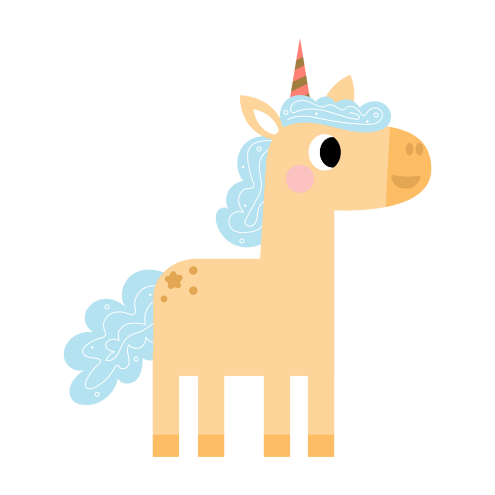 Cute unicorns, Pony or horse with magical, PNG clipart. Unicorns illustration with rainbow, stars, hearts, clouds, castle in cartoon style.