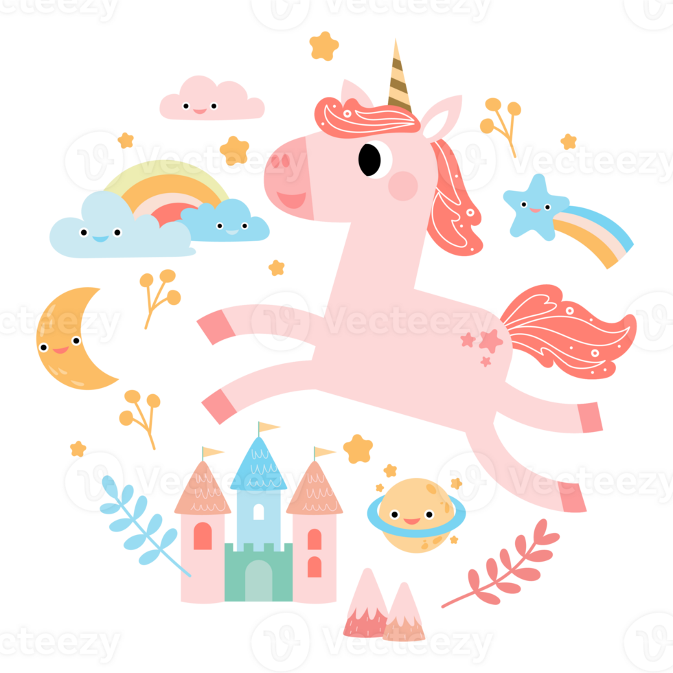 Cute unicorns, Pony or horse with magical, PNG clipart. Unicorns illustration with rainbow, stars, hearts, clouds, castle in cartoon style.