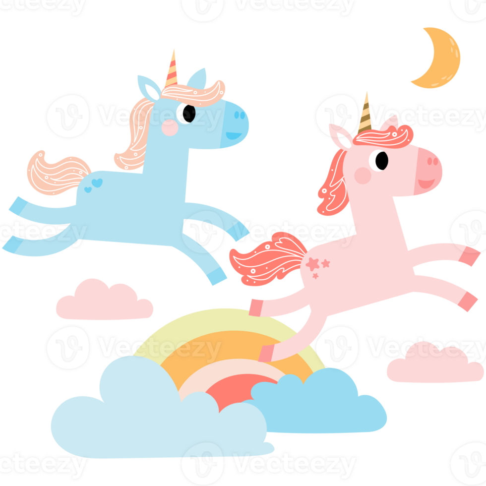 Cute unicorns, Pony or horse with magical, PNG clipart. Unicorns illustration with rainbow, stars, hearts, clouds, castle in cartoon style.