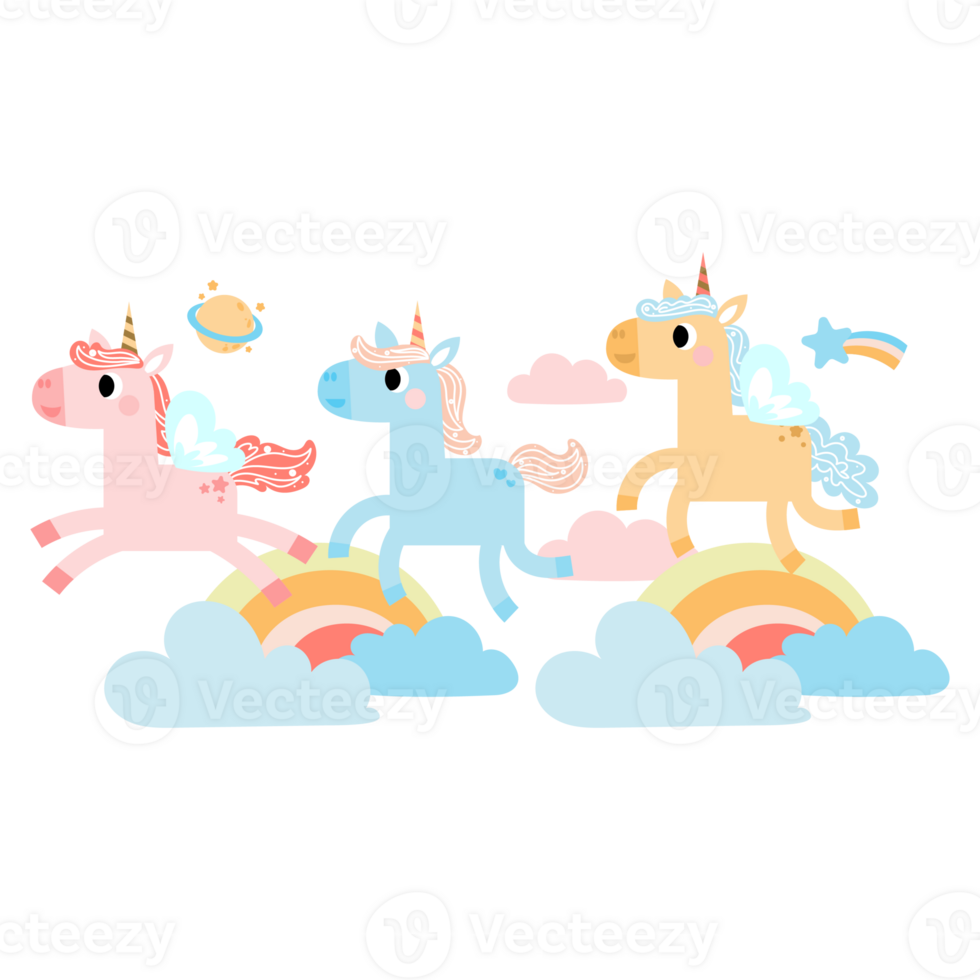 Cute unicorns, Pony or horse with magical, PNG clipart. Unicorns illustration with rainbow, stars, hearts, clouds, castle in cartoon style.