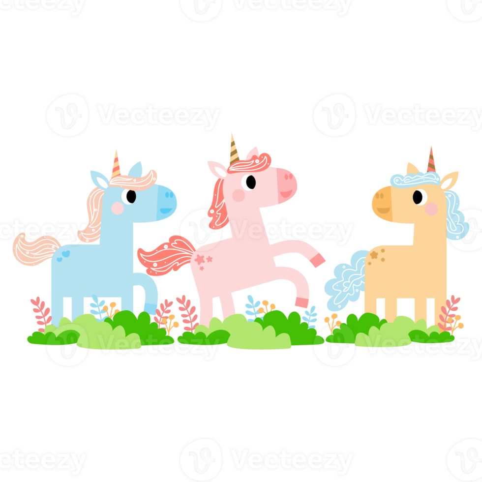 schattig eenhoorns, pony of paard met magisch, PNG clip art. eenhoorns illustratie met regenboog, sterren, harten, wolken, kasteel in tekenfilm stijl.