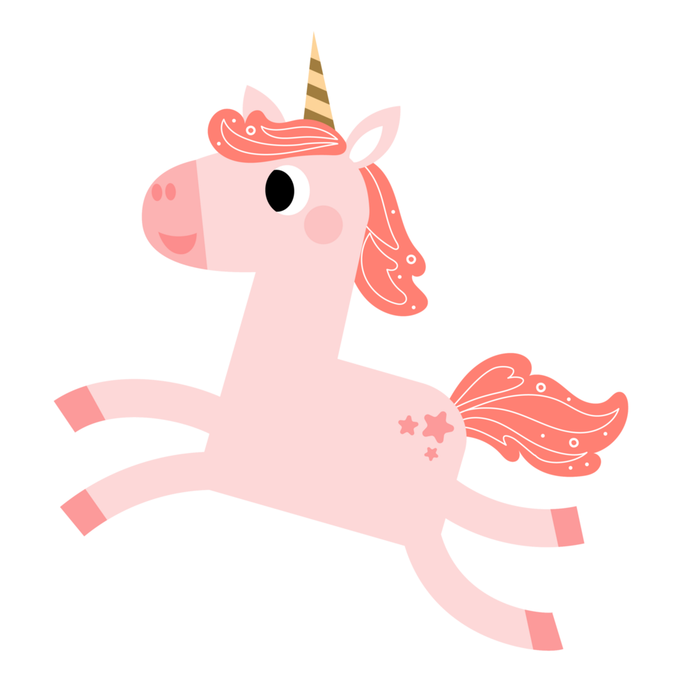 Cute unicorns, Pony or horse with magical, PNG clipart. Unicorns illustration with rainbow, stars, hearts, clouds, castle in cartoon style.