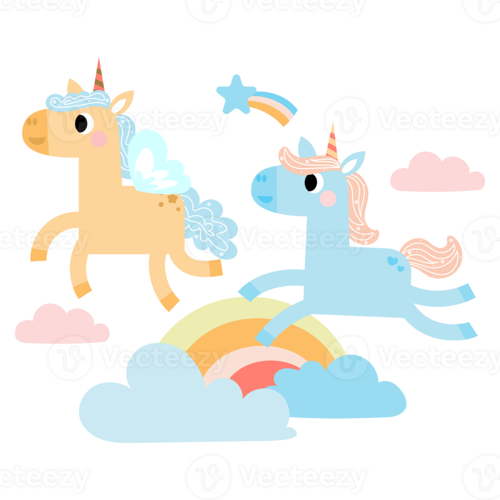 Cute unicorns, Pony or horse with magical, PNG clipart. Unicorns illustration with rainbow, stars, hearts, clouds, castle in cartoon style.