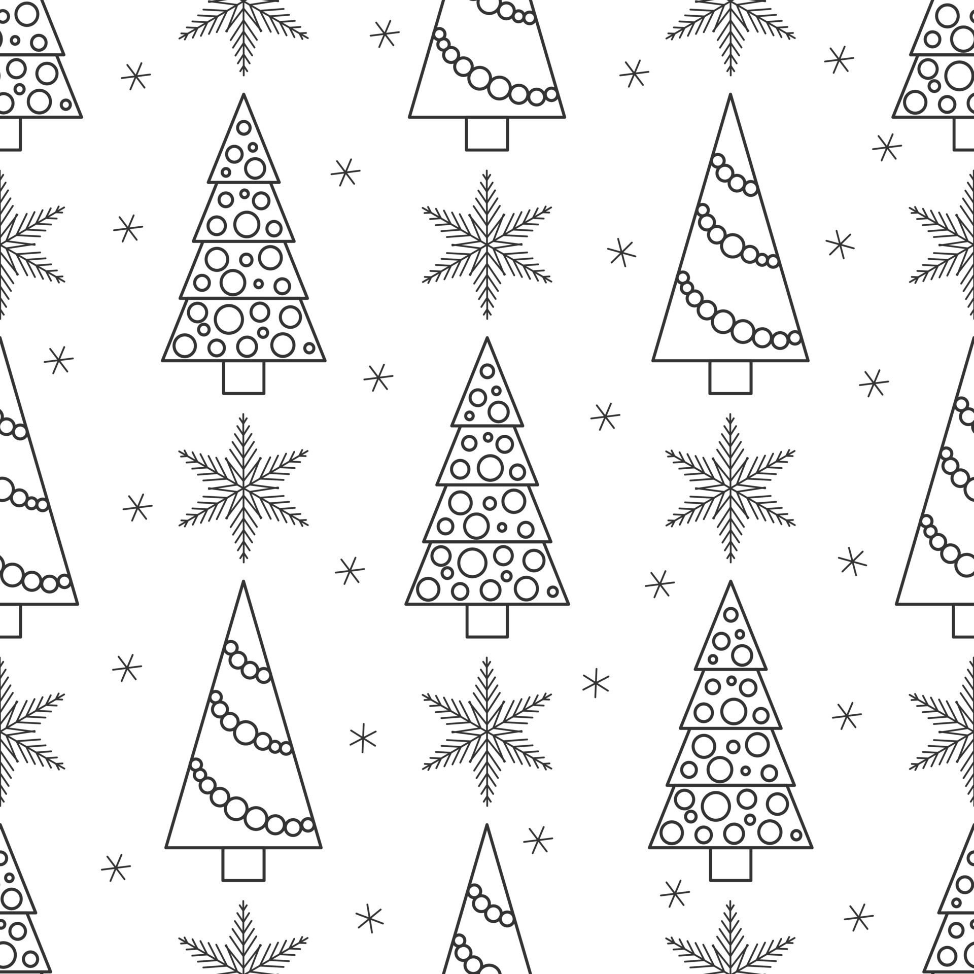 Vector seamless black and white pattern. Christmas trees in doodle