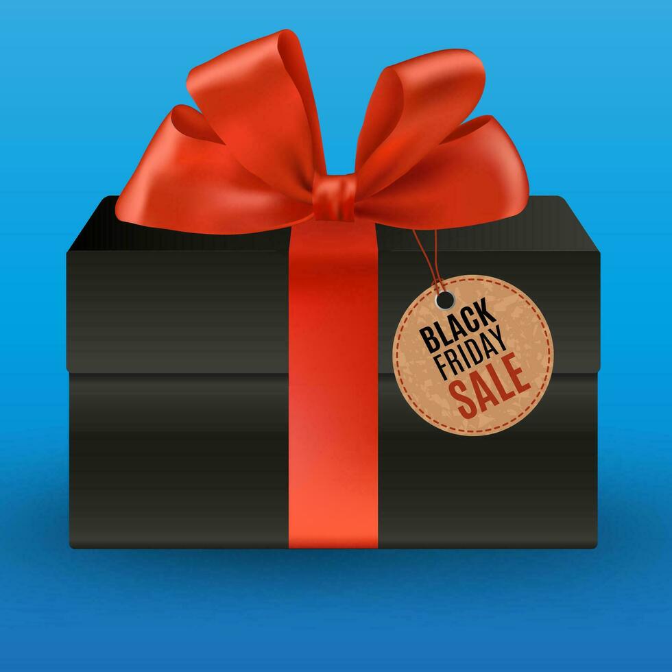 negro regalo con rojo arco y negro viernes rebaja precio etiqueta en grunge estilo a azul antecedentes. minorista, descuento, especial oferta. vector ilustración