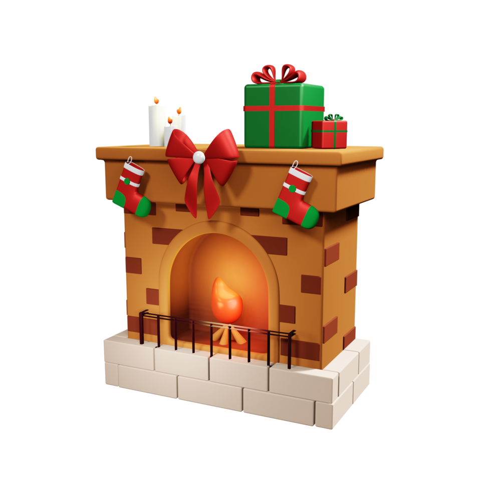 Christmas 3D fireplace with gifts, candles, bow and socks png