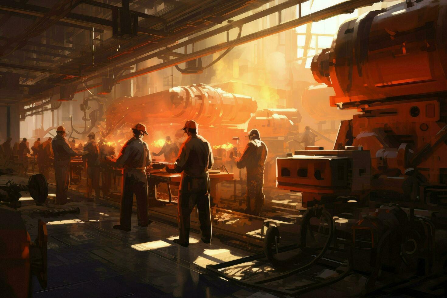 Work crew working with heavy metallurgical equipment, young male technician working in industry Ai generated photo