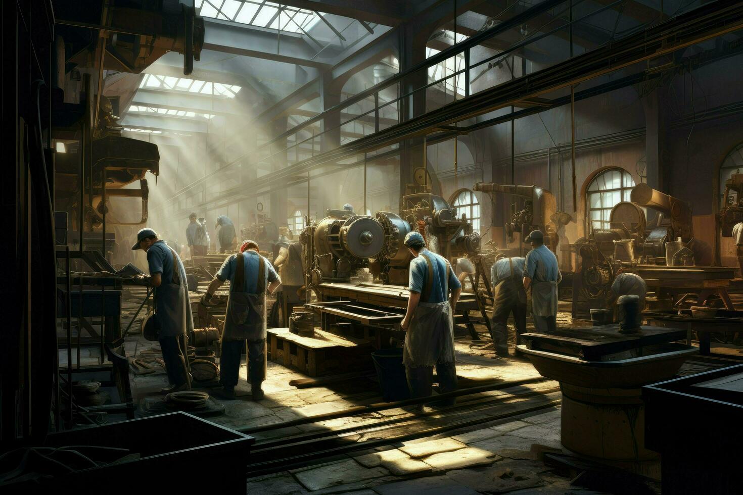 Work crew working with heavy metallurgical equipment, young male technician working in industry Ai generated photo