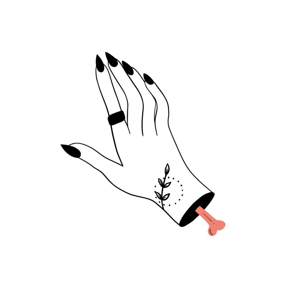 Mystic witch hand, female hand with esoteric elements. Witchcraft design for tattoo, sticker, poster. Flat cartoon style. Hand drawn vector