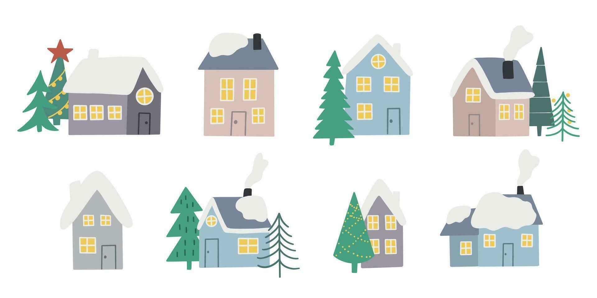 Collection of winter snowy houses. Houses outside with christmas trees. Snowflakes on the house roof. Cold village. Happy holiday. New year. Isolated vector design