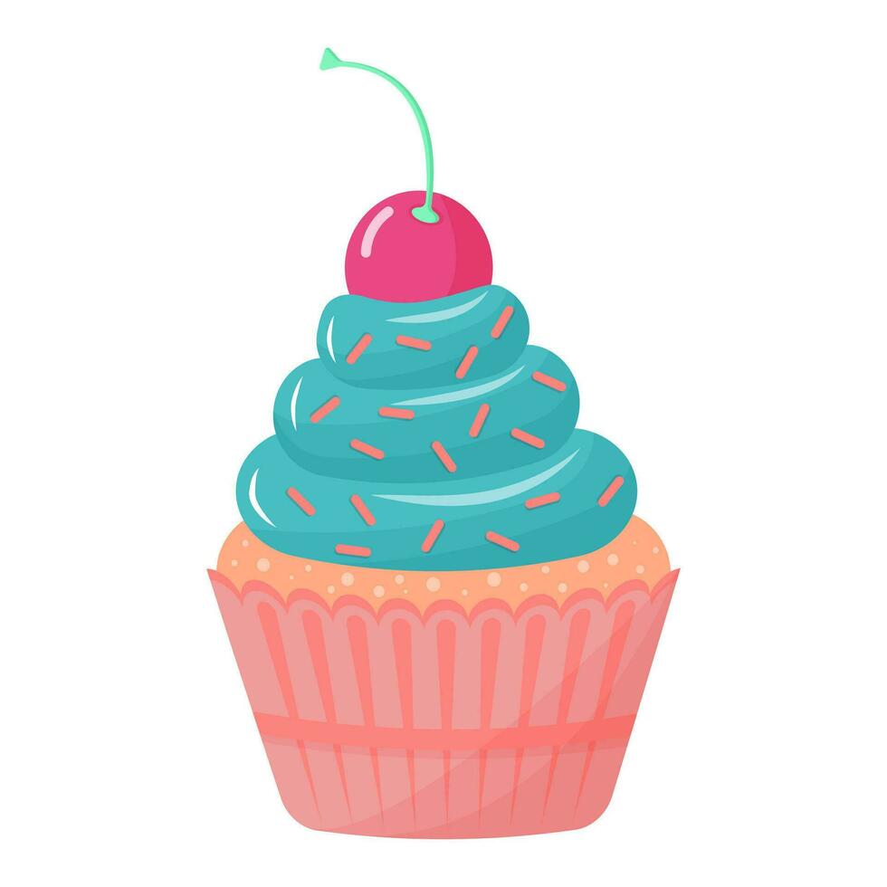 Cupcake with cherry on top. Sweet cream dessert. Vector flat cartoon illustration.