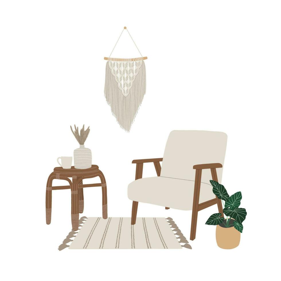 Living room design. Interior with armchair, coffee table, carpet, home plant. Home decoration. Design of a cozy home. Isolated vector illustration