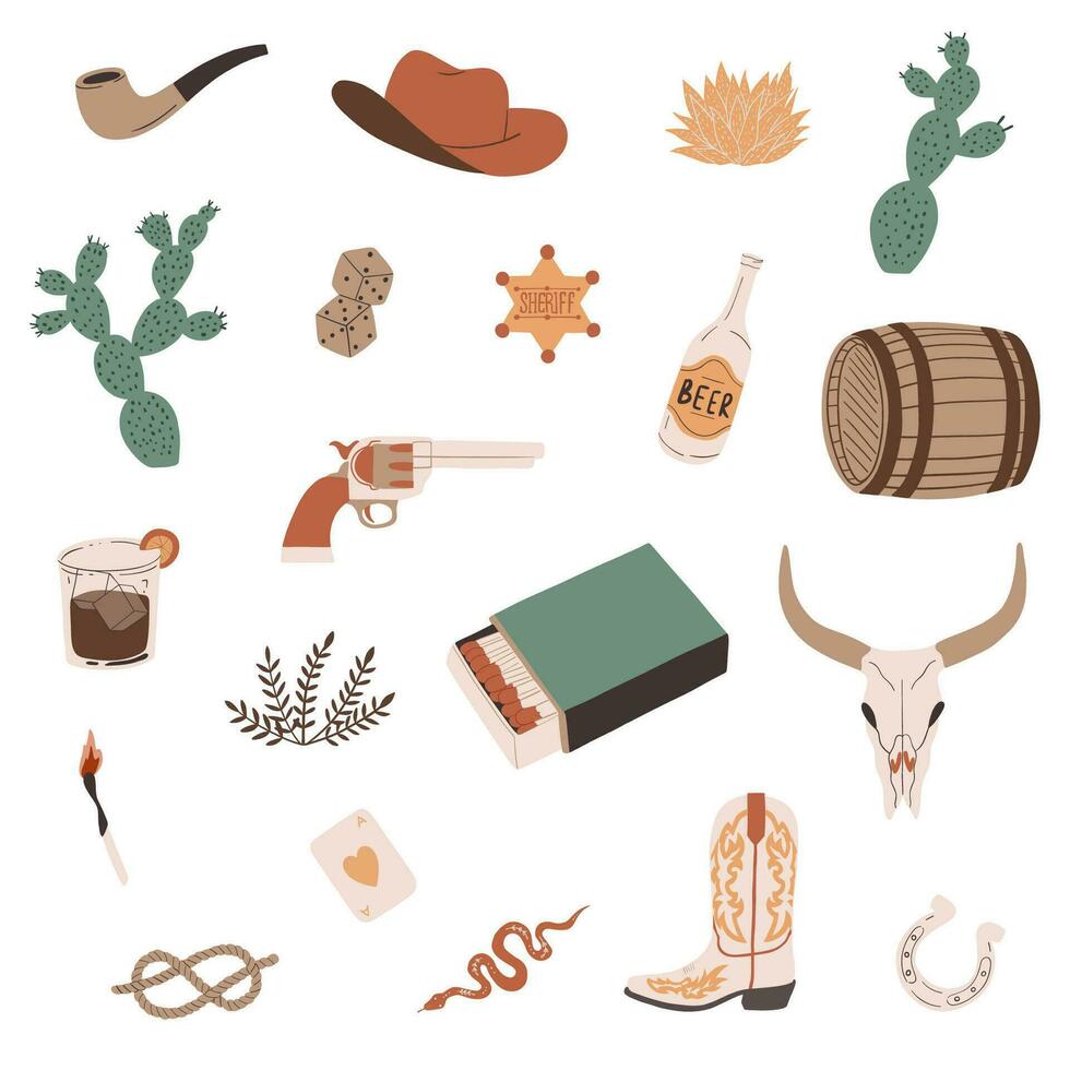 Wild west collection. Set of cowboy elements with cactus, hat, whip, snake, boots, skull, revolver, gun, beer and matches. Western themed. Hand drawn vector design