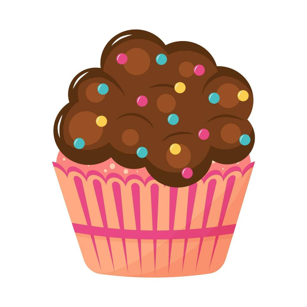 Chocolate cupcake with whipped cream. Sweet cream dessert. Vector flat cartoon illustration.