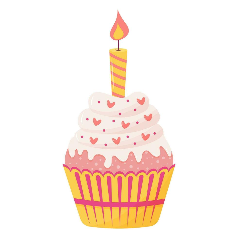 Cupcake with candle on top. Sweet cream dessert. Vector flat cartoon illustration.