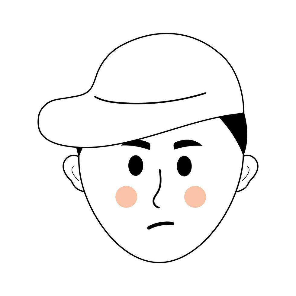 Doodle human face of unhappy man in a cap. Cute outline character avatar. Vector linear illustration.