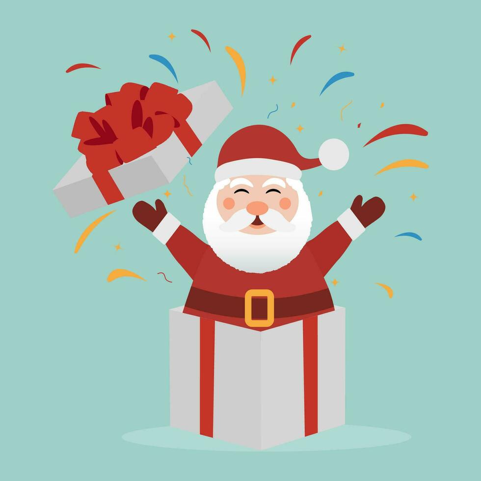 Funny Santa claus in gift box and paper firework. Merry Christmas and Happy New Year greeting card. Vector illustration
