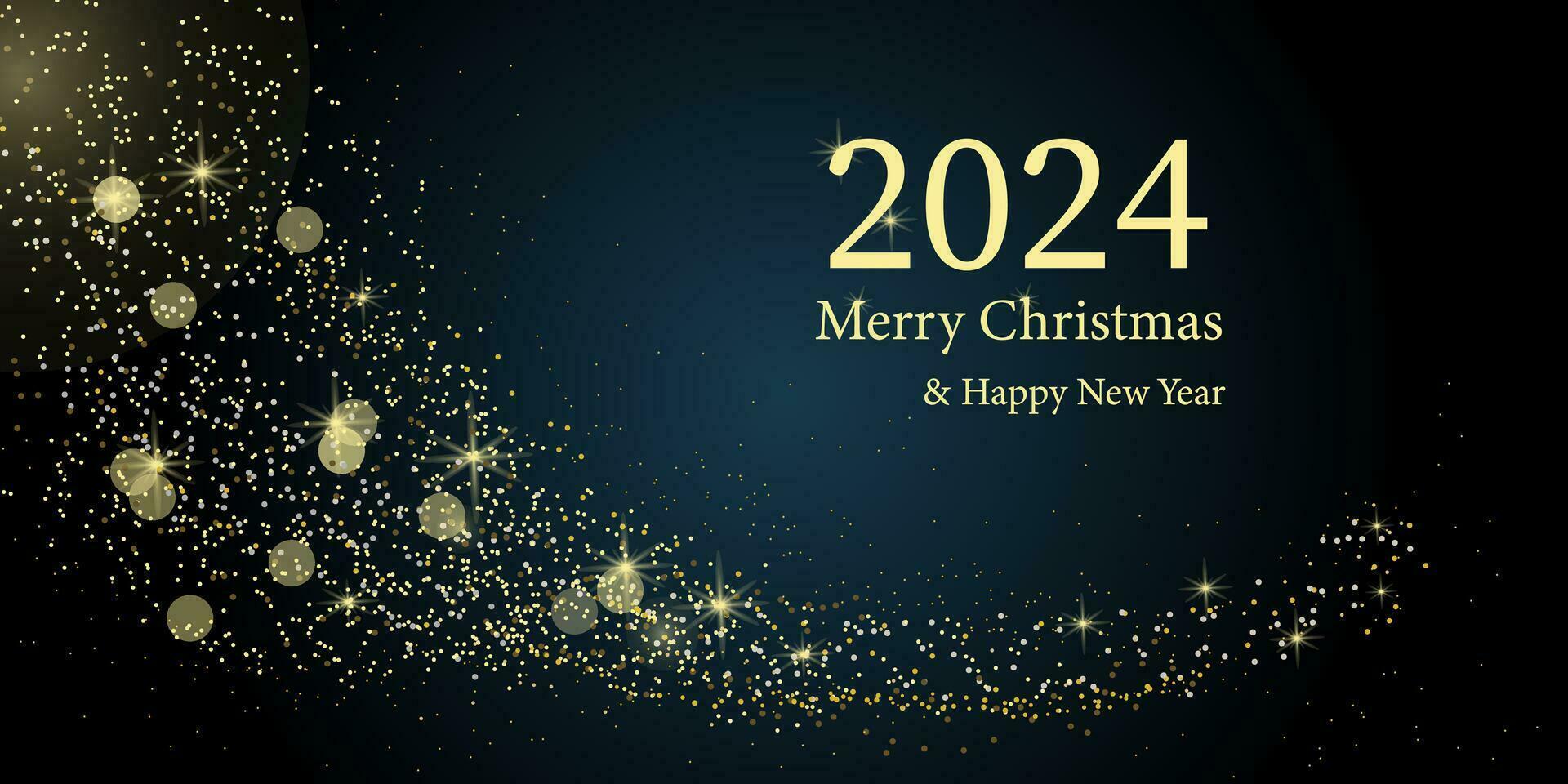 New Year and Christmas background with glow gold shiny icons. 2024 year. Christmas background for greeting card. Christmas greeting card. Dark background. Vector illustration