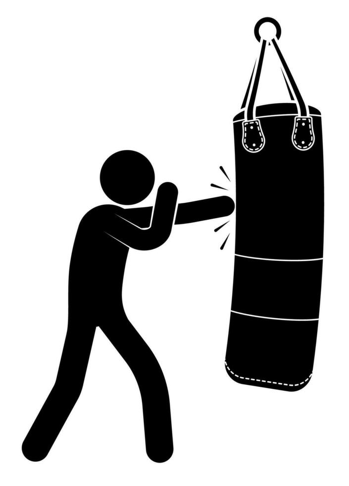 stick man, boxer beats big punching sand bag for sports training. Training in boxing gym. Black and white vector